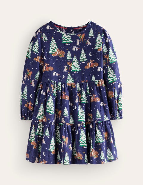 Mini Boden Kids' Twirly Cotton Dress College Navy Festive Woodland Girls Boden