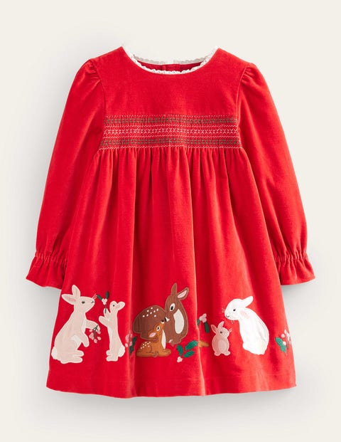 Applique Smocked Velvet Dress Red Girls Boden