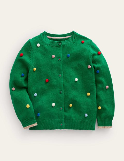 Christmas Pom Pom Cardigan Green Girls Boden, Veridian Green