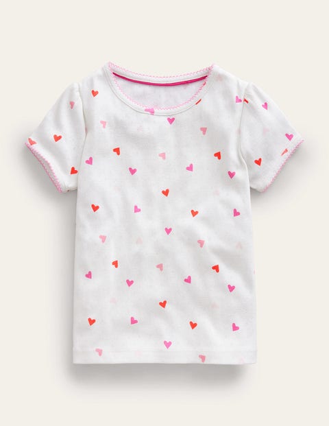 Mini Boden Kids' Short-sleeved Pointelle Top Ivory Hearts Girls Boden