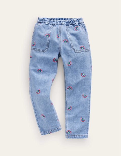 Denim Pull-on Jean Blue Girls Boden, Scattered Rainbow Embroidery