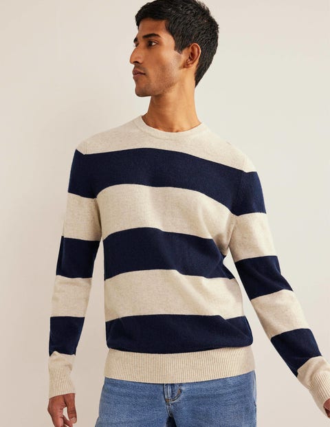 Cashmere Crew Neck Sweater - Oat/Navy Stripe | Boden US
