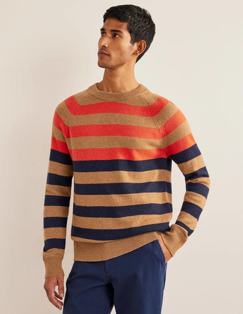 Raglan Crew Neck Sweater - Camel Melange Multi stripe | Boden US