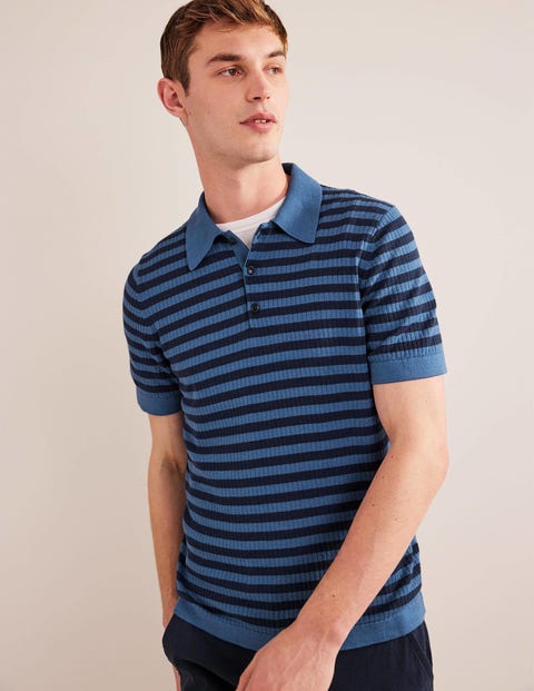 Knitted Ribbed Polo - True Navy Stripe | Boden UK