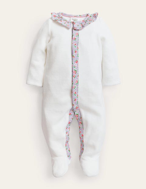 Ruffle Velour Sleepsuit Ivory Baby Boden