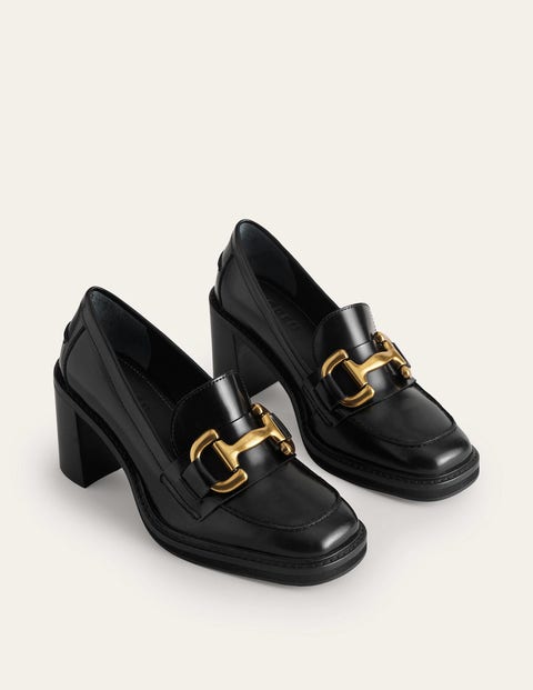 Iris Snaffle Heeled Loafers - Black Calf Leather | Boden US