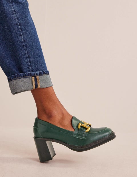 Green Leather Mid Heel Jeweled Loafer