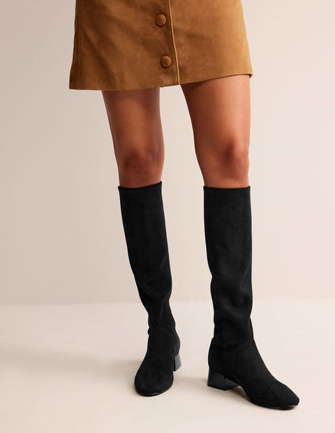 Flat Stretch Knee High Boots - Black