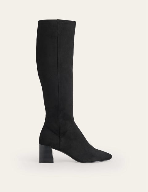 Heeled Stretch Knee High Boots - Black