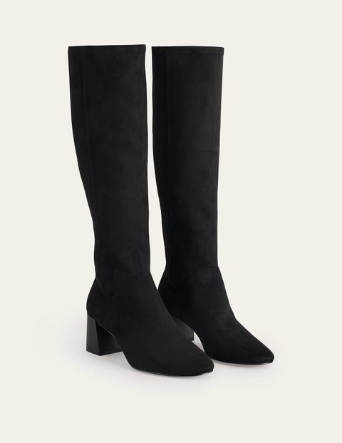 Heeled Stretch Knee High Boots - Black