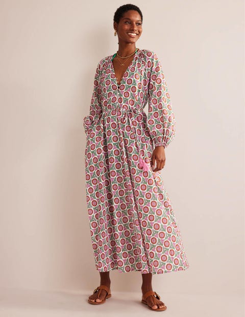 Notch-Neck Cotton Maxi Dress - Gin Fizz, Sunflower Sprig