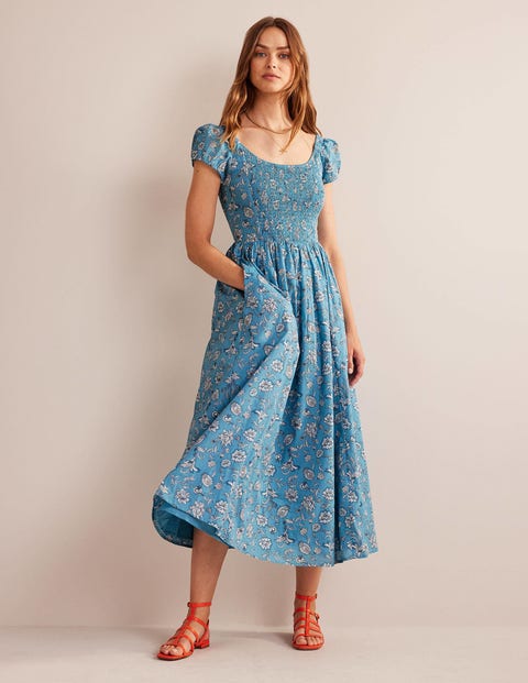 Scoop-Neck Smocked Midi Dress - Delphinium Blue, Meadow Fall