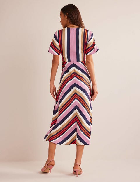 V Neck Satin Midi Dress Multi Stripe