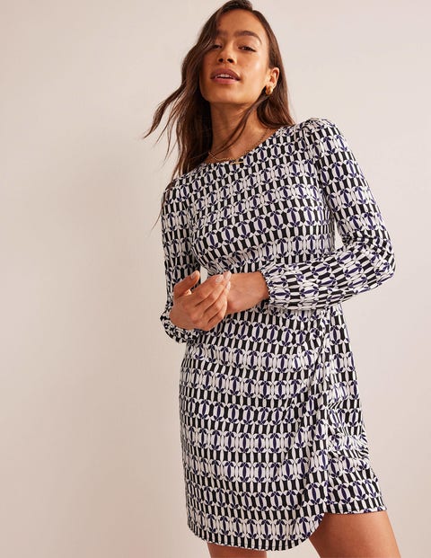 Wrap-Effect Jersey Mini Dress - Black, Geometric | Boden EU