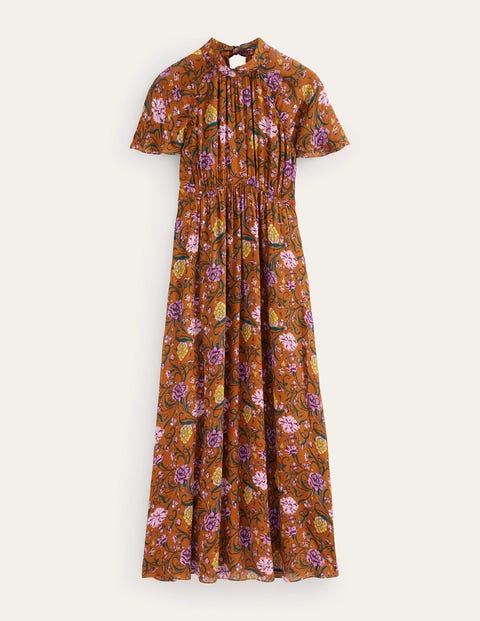 Tie-Back Gathered Midi Dress - Pumpkin, Freesia | Boden US