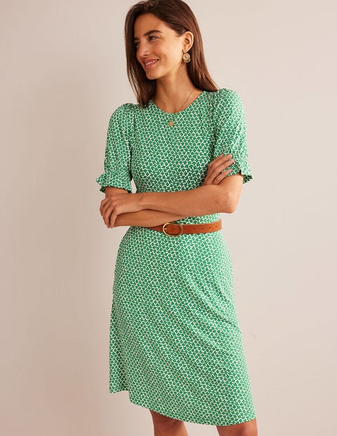 Puff Sleeve Jersey Mini Dress Meadow Green Daisy Bud Boden UK