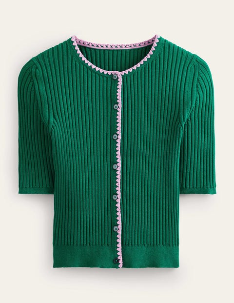 Crochet-Trim Ribbed Cardigan Green Women Boden