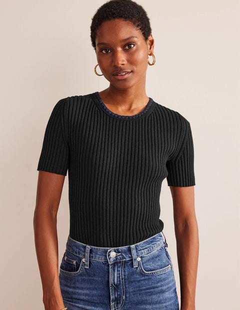 Crochet-Trim Knitted T-Shirt - Black | Boden US