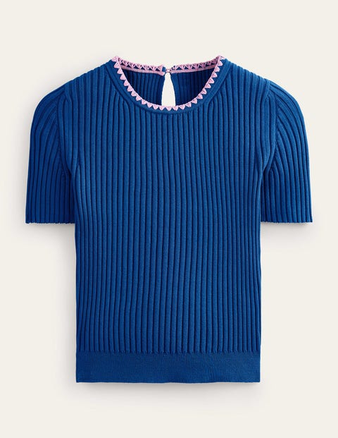 Crochet-Trim Knitted T-Shirt Blue Women Boden