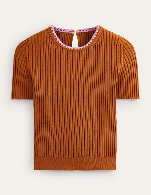 Crochet-Trim Knitted T-Shirt Brown Women Boden