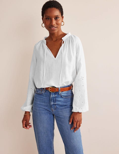 Broderie Tie-Neck Linen Top - White