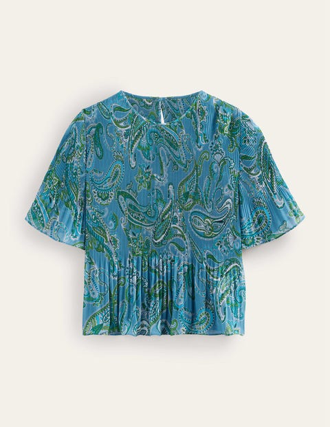 Flutter-Sleeve Plisse Top Blue Women Boden