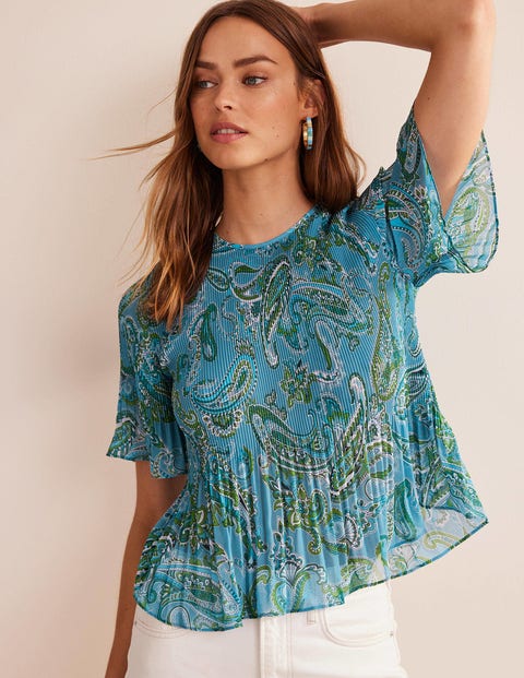 Top plisse a manches aeriennes Bleu egeen motif Paradise Pop Boden FR
