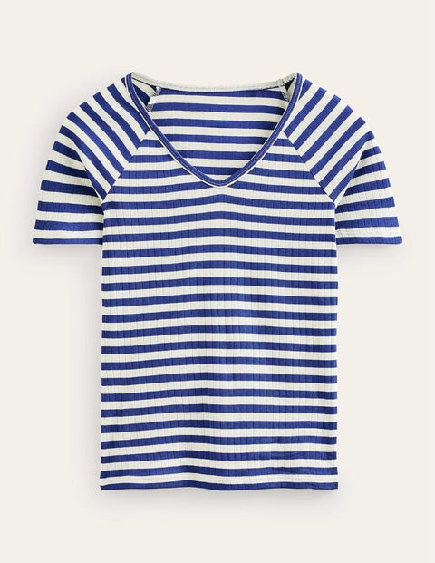 Anna Rib V-Neck T-Shirt Blue Women Boden