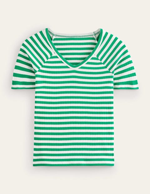 Ada Gestreiftes T-Shirt mit Rippstruktur Damen Boden, Wiesengrün, Naturweiß Gestreift