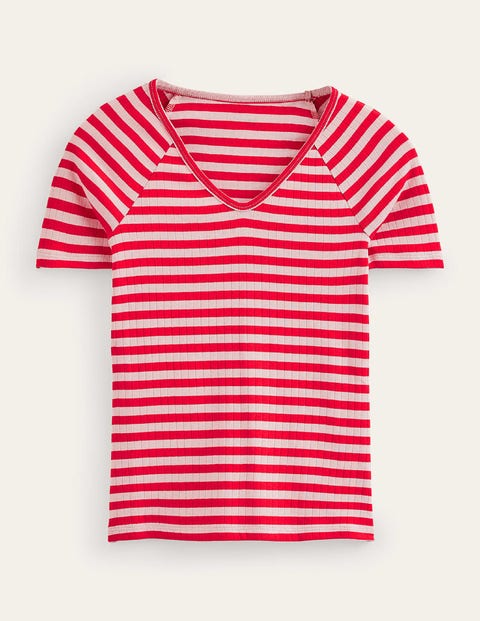 Boden Anna Rib V-neck T-shirt Peach Skin, Hot Pepper Stripe Women