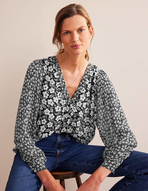 Printed V-Neck Blouse - Black, Petal Pop | Boden UK