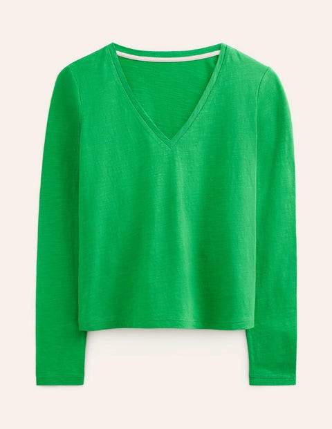 Cotton V-Neck Long Sleeve Top Green Women Boden