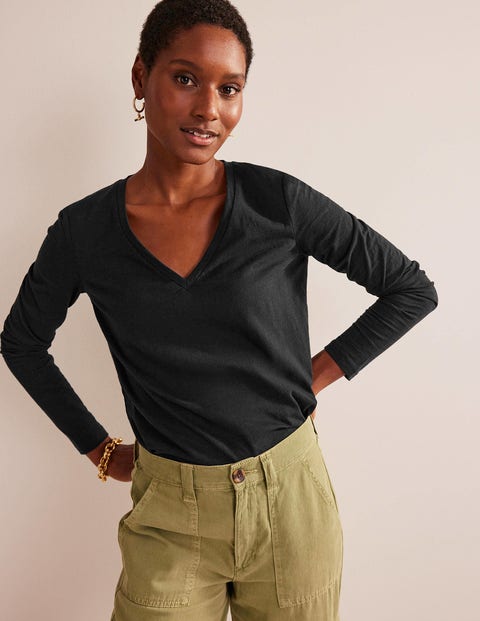 Cotton V-Neck Long Sleeve Top - Black