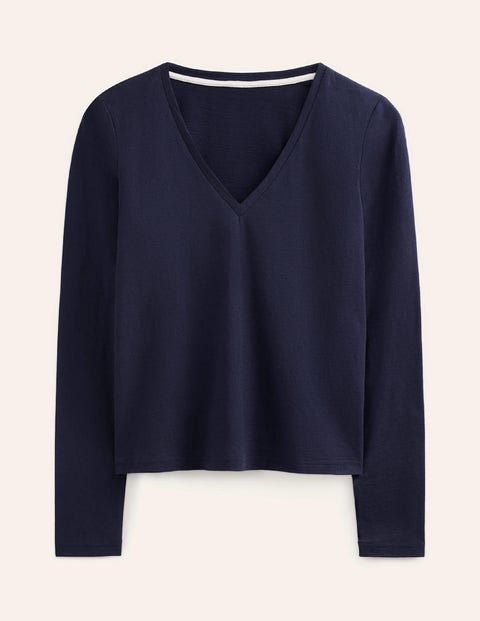 Boden Cotton V-neck Long Sleeve Top Navy Women