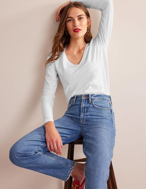 Cotton V-Neck Long Sleeve Top - White | Boden UK
