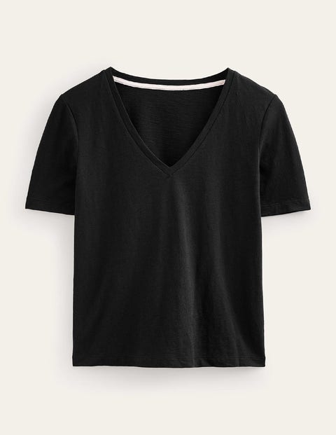 Boden Regular V-neck Slub T-shirt Black Women