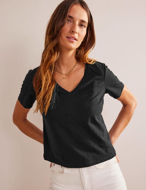 Regular V-Neck Slub T-shirt - Black