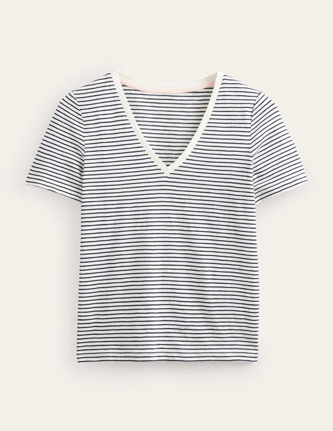 Flammgarn-T-Shirt mit V-Ausschnitt und normaler Passform Damen Boden, Naturweiß/Marineblau