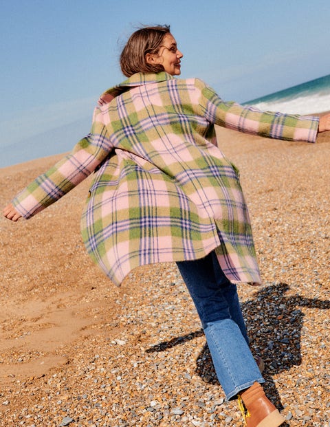 Relaxed-Fit Wool Checked Coat - Pink Check