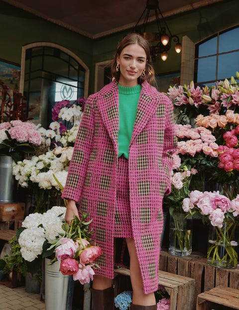 Wool Wrap Coat - Pink Boucle Check