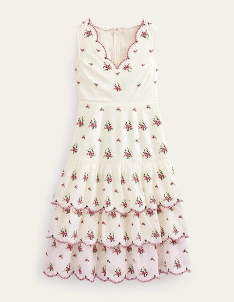 Embroidered Tiered Midi Dress Ivory Women Boden
