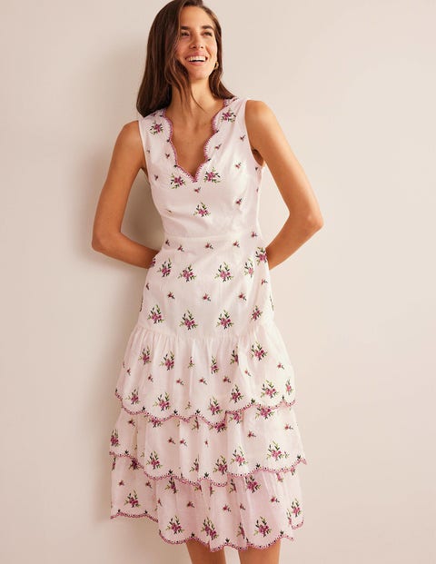 Embroidered Tiered Midi Dress - Ivory