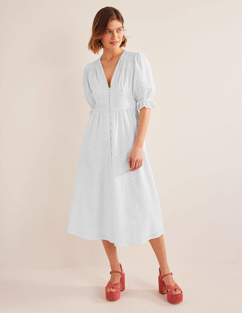 Broderie Midi Tea Dress - White | Boden US