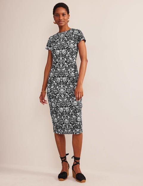 Jersey Column Midi Dress - Black, Gardenia Sprig | Boden US