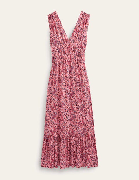 Jersey-Maxikleid mit Smokdetails Damen Boden, Beerenrosa, Paisleyblüten