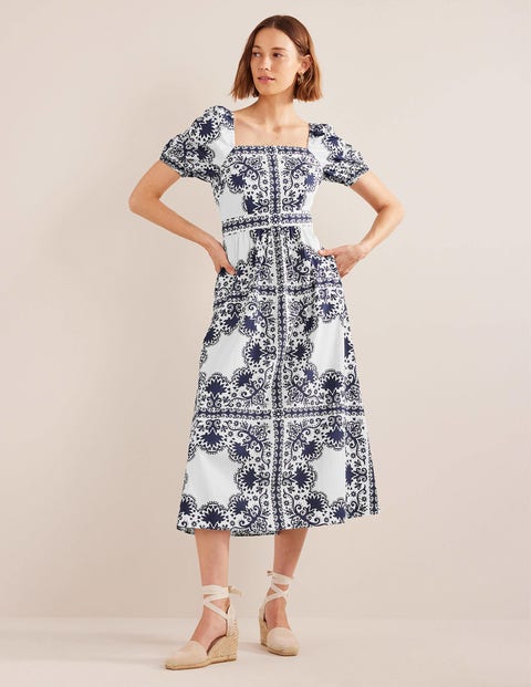 Square Neck Midi Dress - French Navy, Floweret