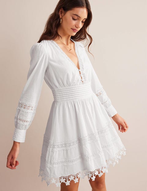 Lace Trim Mini Dress - White