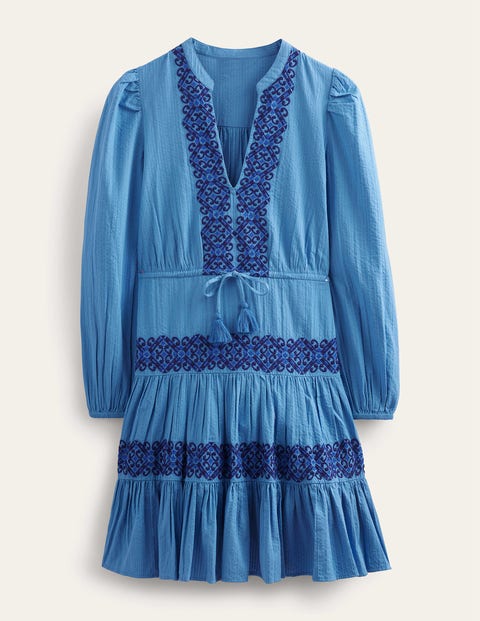 Boden Tiered Embroidered Dress Porcelain Blue Women