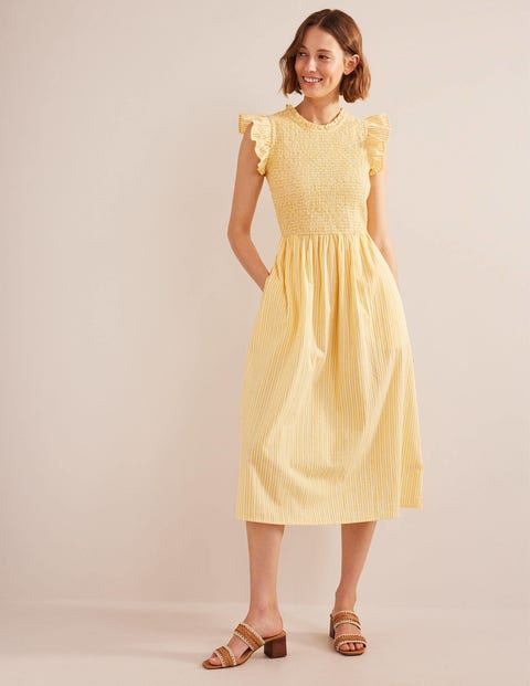 smocked stripe midi dress