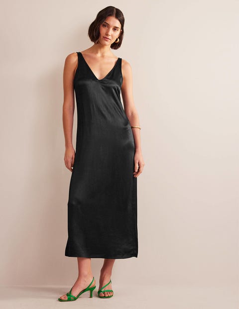 black satin slip dress